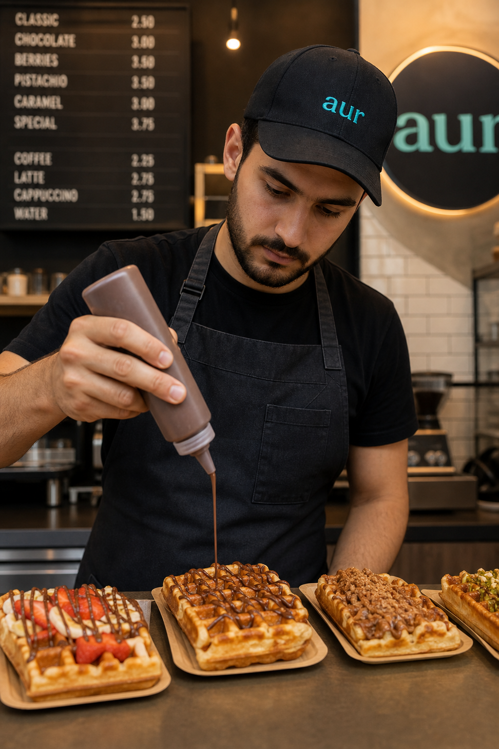 AUR Waffy expert drizzling toppings on waffles