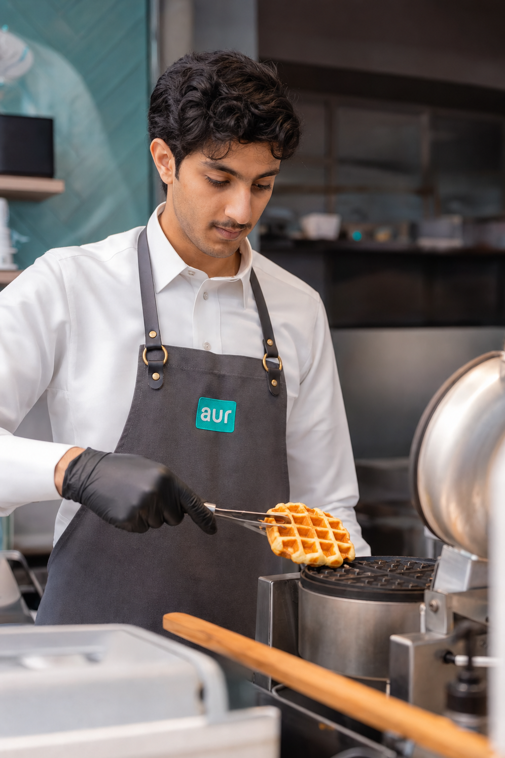 AUR Waffy expert lifting fresh waffle from iron
